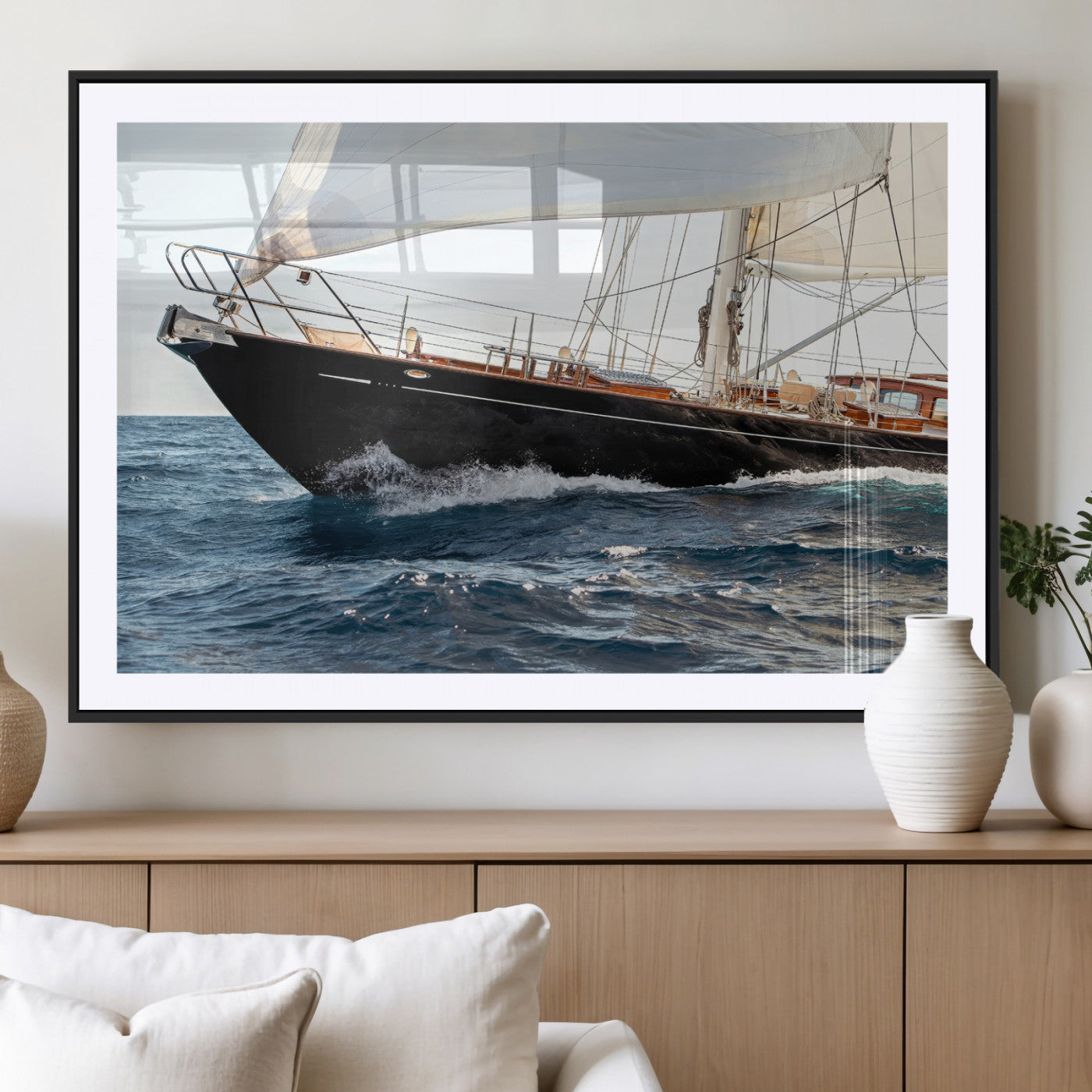 97168626-MGV-CV-36X24-Sailing Yacht Wall Art Canvas Print, Framed Wooden Yacht Art Picture Print, Ocean Waves Perfect Nautical Coastal Decor Artwork