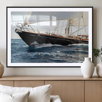 97168626-MGV-CV-36X24-Sailing Yacht Wall Art Canvas Print, Framed Wooden Yacht Art Picture Print, Ocean Waves Perfect Nautical Coastal Decor Artwork