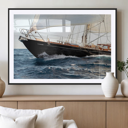 97168626-MGV-CV-36X24-Sailing Yacht Wall Art Canvas Print, Framed Wooden Yacht Art Picture Print, Ocean Waves Perfect Nautical Coastal Decor Artwork