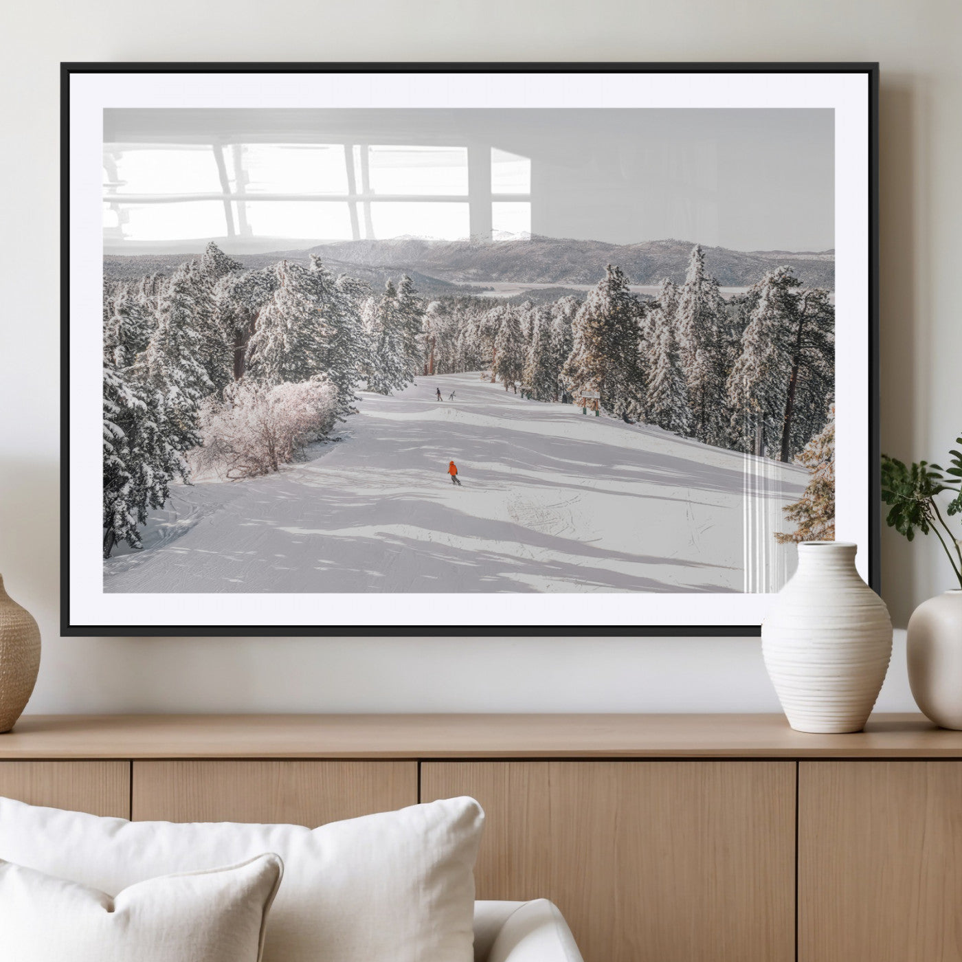 62119206-MGC-FP-36x24_Black-Snowy Trail Wall Art Canvas Print, Framed Ski Slope Art Picture Print, Winter Pines Perfect Alpine Adventure Decor Artwork