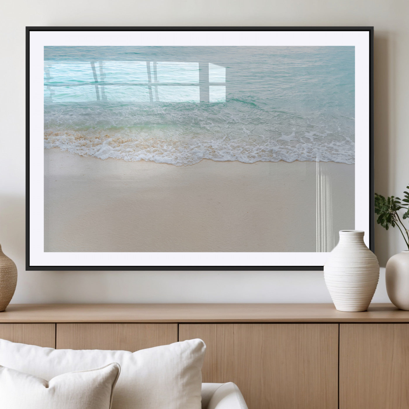 77194056-MGC-FP-36x24_Black-Soft Shoreline Wall Art Canvas Print, Framed Gentle Waves Art Picture Print, Clear Water Perfect Minimalist Coastal Decor Artwork