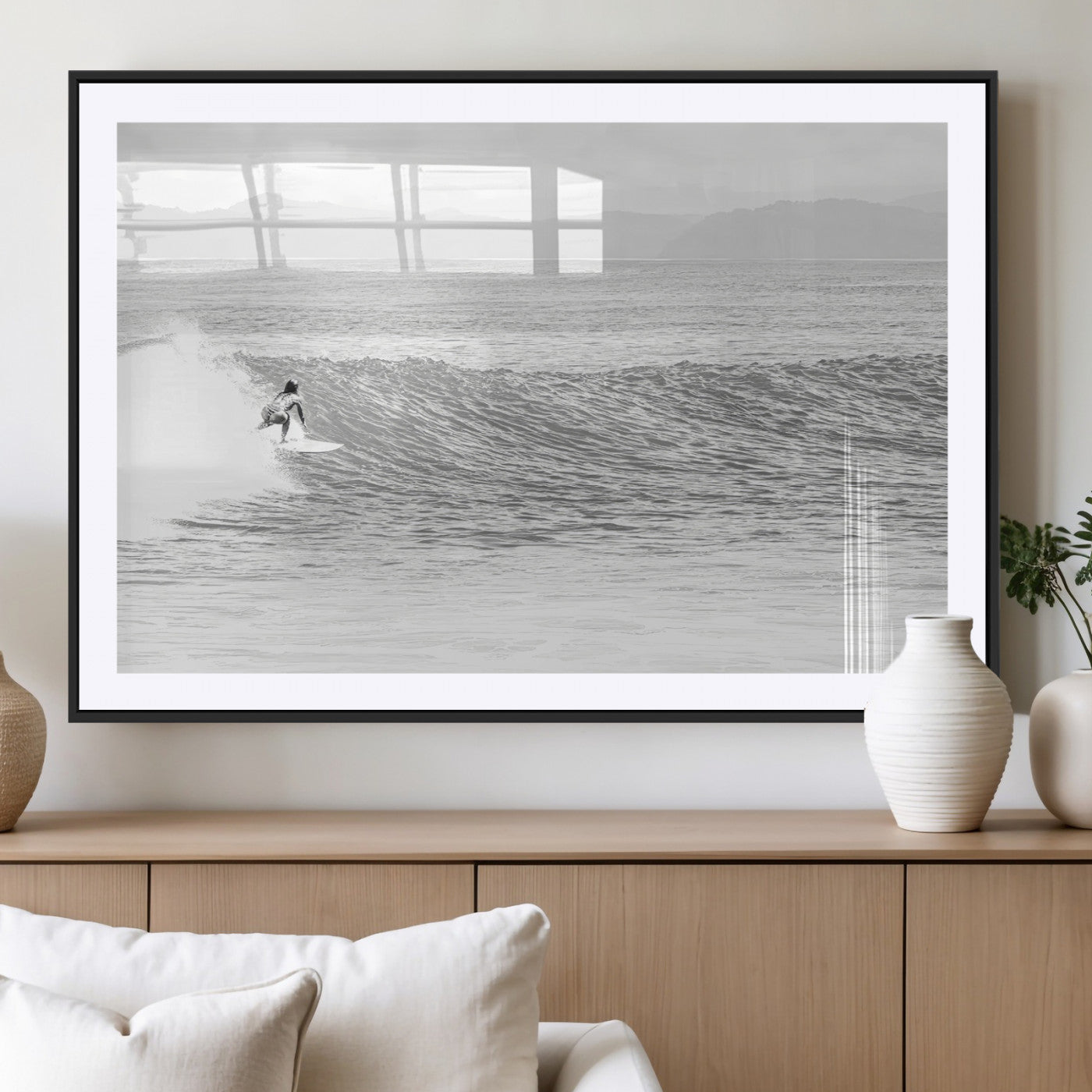 81535128-MGV-CV-36X24-Surfer Woman Wall Art Canvas Print, Framed Black Ocean Art Picture Print, Ocean Surfing Perfect Monochrome Coastal Decor Artwork