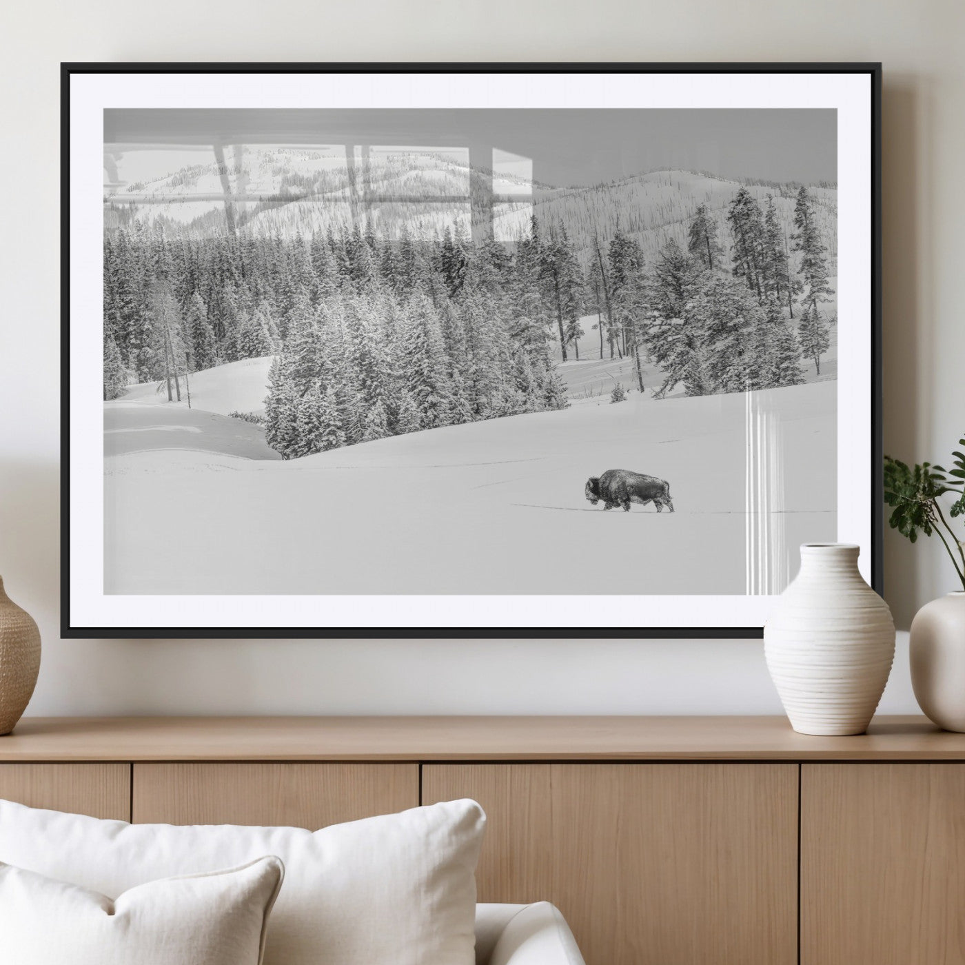 68081143-MGC-FP-36x24_Black-Snowy Bison Wall Art Canvas Print, Framed Winter Forest Art Picture Print, Lone Bison Perfect Monochrome Winter Wild Decor Artwork
