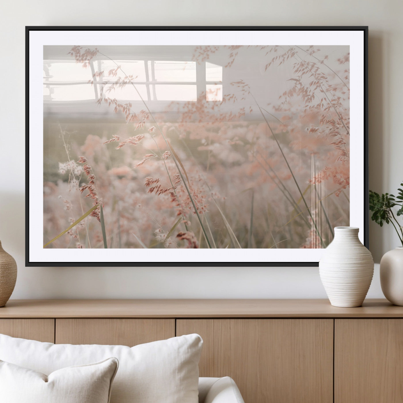 79164340-MGV-CV-36X24-Pastel Grasses Wall Art Canvas Print, Framed Soft Meadow Art Picture Print, Field in Breeze Perfect Pastel Minimal Decor Artwork