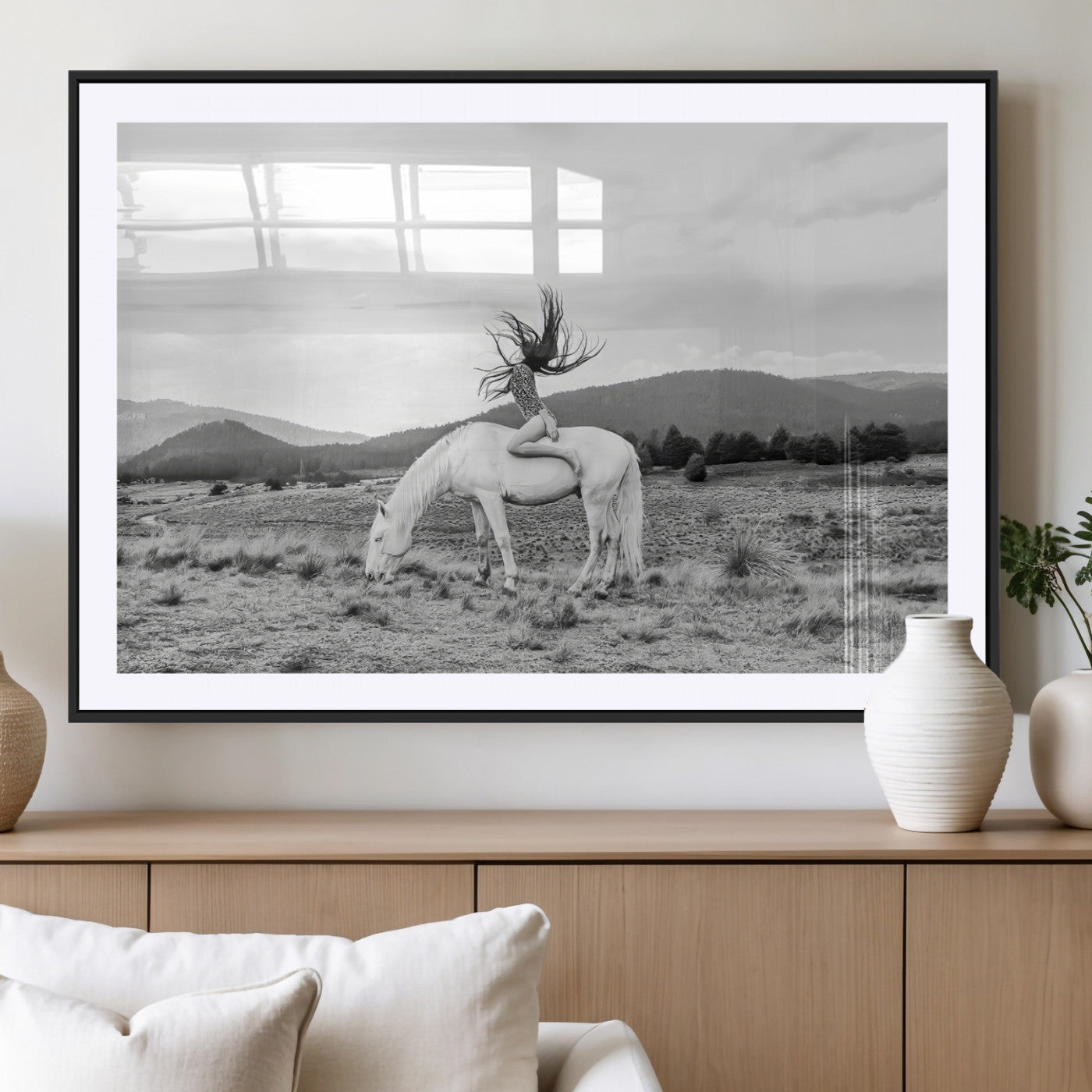 62789800-MGV-CV-36X24-White Horse Wall Art Canvas Print, Framed Woman Rider Art Picture Print, Equestrian Pose Perfect Western Boho Decor Artwork