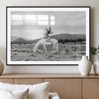 62789800-MGV-CV-36X24-White Horse Wall Art Canvas Print, Framed Woman Rider Art Picture Print, Equestrian Pose Perfect Western Boho Decor Artwork