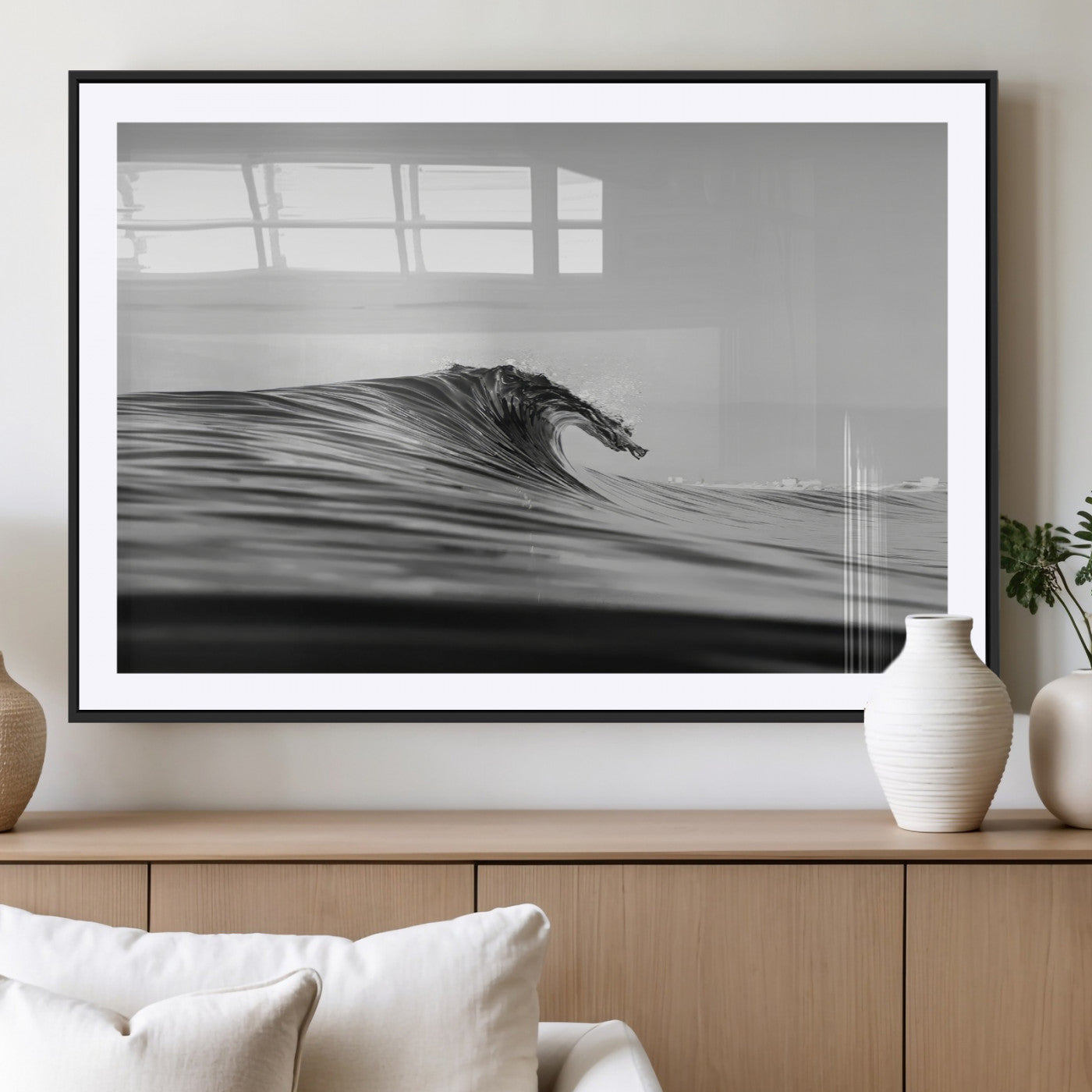 24029476-MGC-FP-36x24_Black-Black Wave Wall Art Canvas Print, Framed Abstract Surf Art Picture Print, Minimalist Ocean Perfect Minimalist Coastal Decor