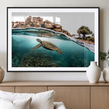 44200301-MGC-FP-36x24_Black-Sea Turtle Swim Wall Art Canvas Print, Framed Ocean Life Art Picture Print, Tropical Shoreline Perfect Tropical Coastal Decor