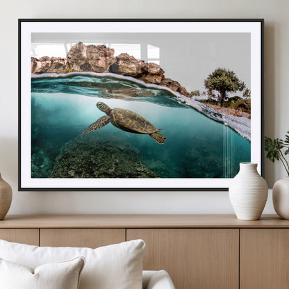 44200301-MGC-FP-36x24_Black-Sea Turtle Swim Wall Art Canvas Print, Framed Ocean Life Art Picture Print, Tropical Shoreline Perfect Tropical Coastal Decor