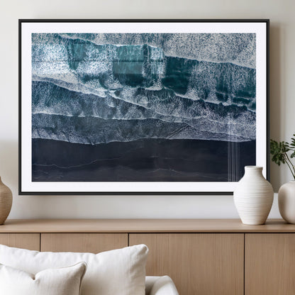 87941475-MGV-CV-36X24-Black Beach Wall Art Canvas Print, Framed Aerial Ocean Art Picture Print, Moody Coastal Perfect Modern Coastal Decor Artwork
