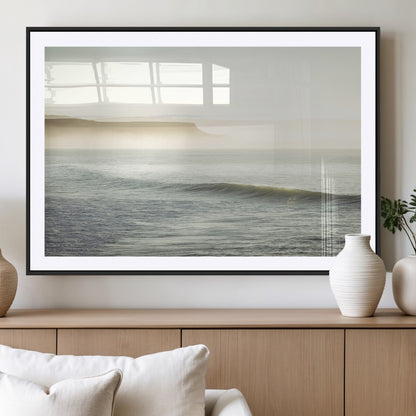 39310633-MGC-FP-36x24_Black-Coastal Cliffs Wall Art Canvas Print, Framed Misty Ocean Art Picture Print, Morning Light Perfect Minimalistic Coastal Decor