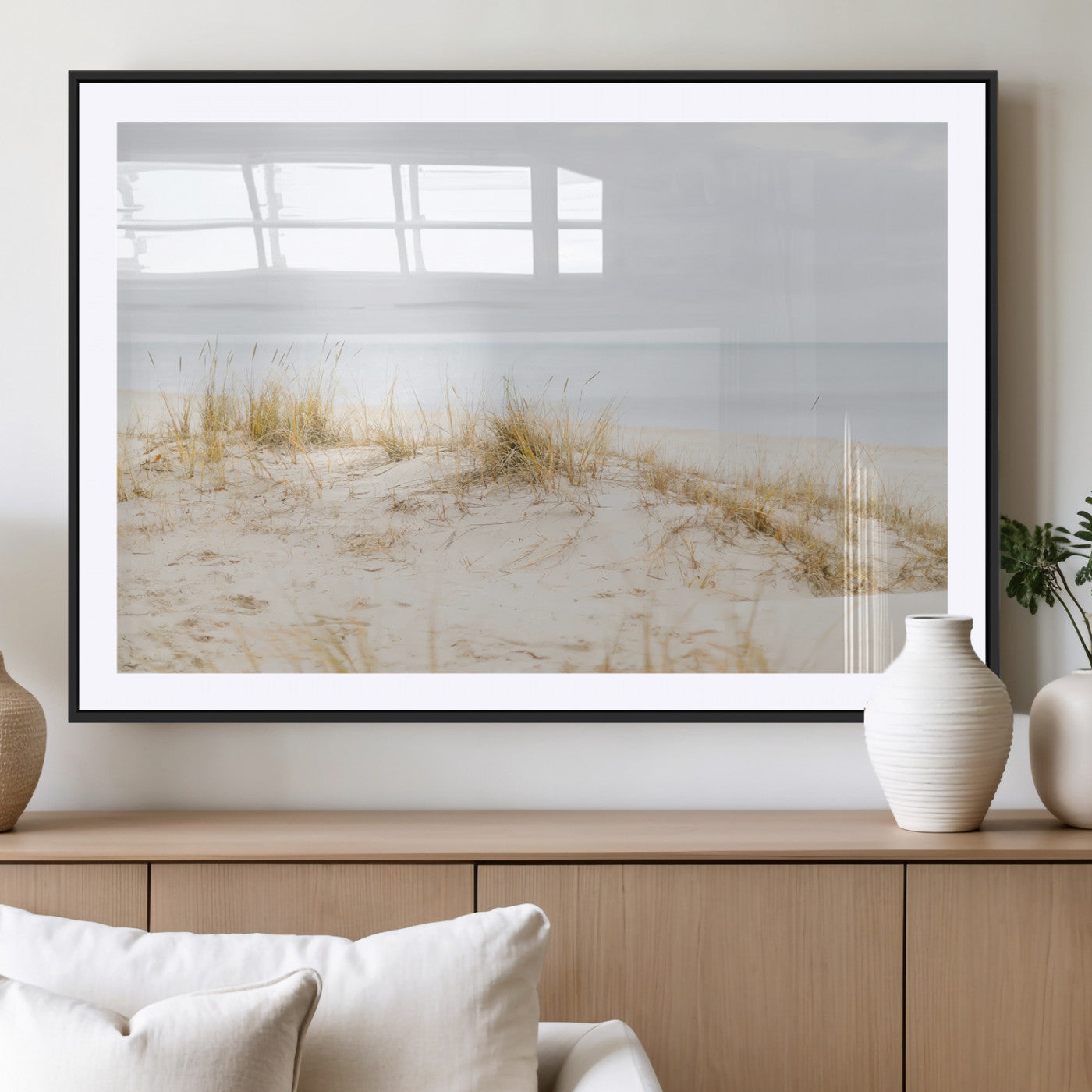 13146857-MGC-FP-36x24_Black-Beach Dunes Wall Art Canvas Print, Framed Soft Horizon Art Picture Print, Coastal Grass Perfect Minimalist Coastal Decor Artwork