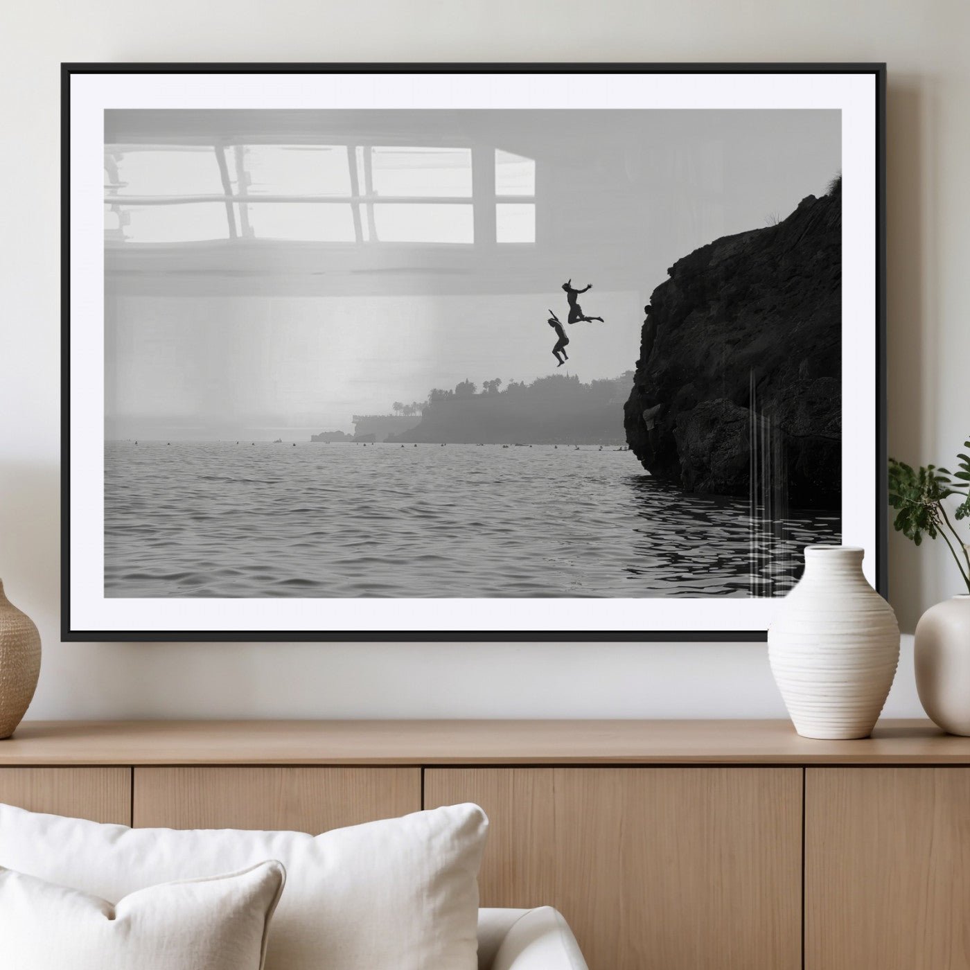 52284302-MGV-CV-36X24-Cliff Jumping Wall Art Canvas Print, Framed Ocean Adventure Art Picture Print, Black White Coast Perfect Modern Coastal Decor