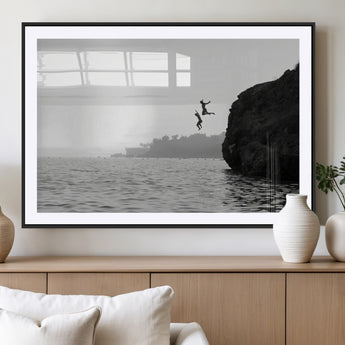 52284302-MGV-CV-36X24-Cliff Jumping Wall Art Canvas Print, Framed Ocean Adventure Art Picture Print, Black White Coast Perfect Modern Coastal Decor