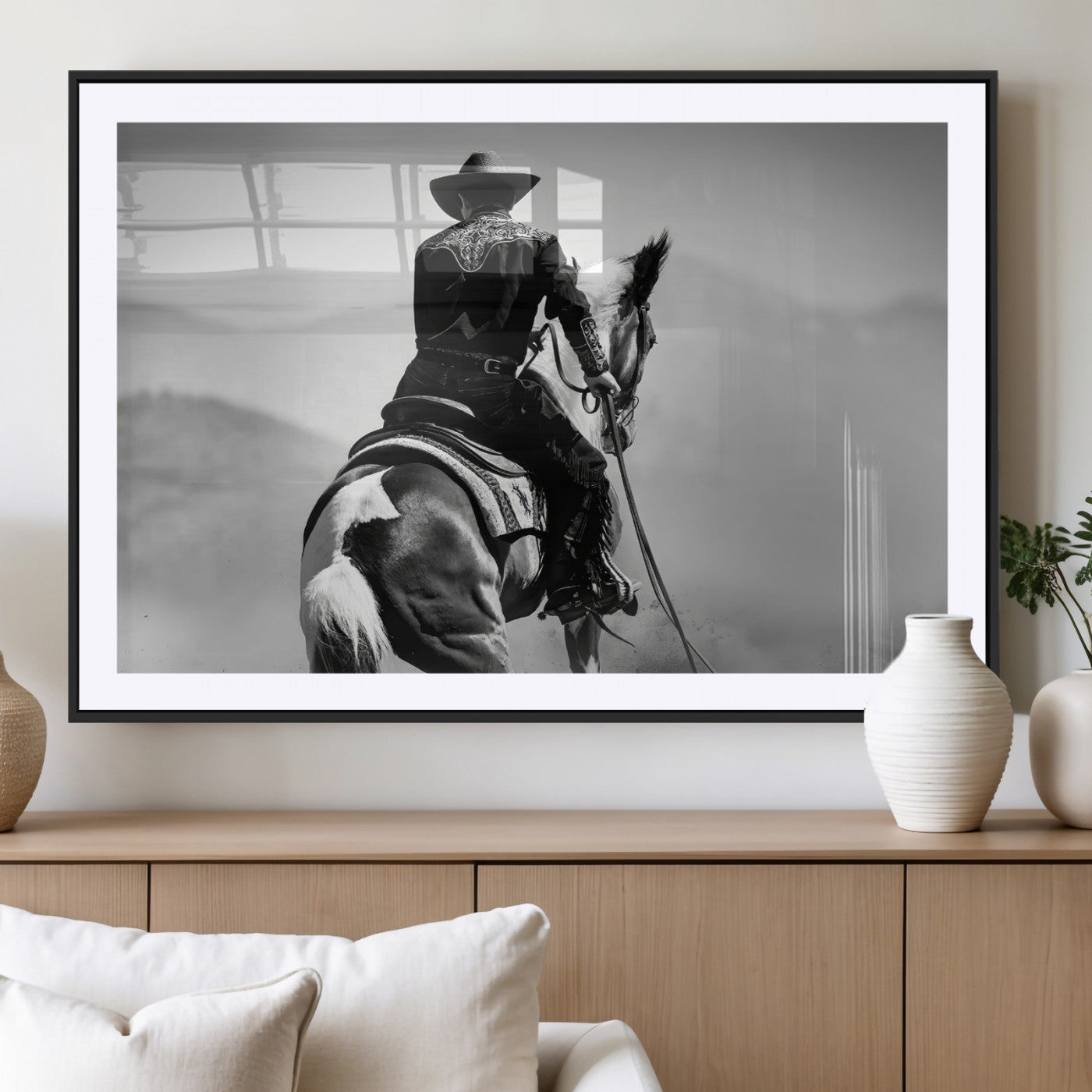 83102464-MGC-FP-36x24_Black-Western Cowboy Wall Art Canvas Print, Framed Monochrome Horse Art Picture Print, Western Equestrian Perfect Rustic Western Decor
