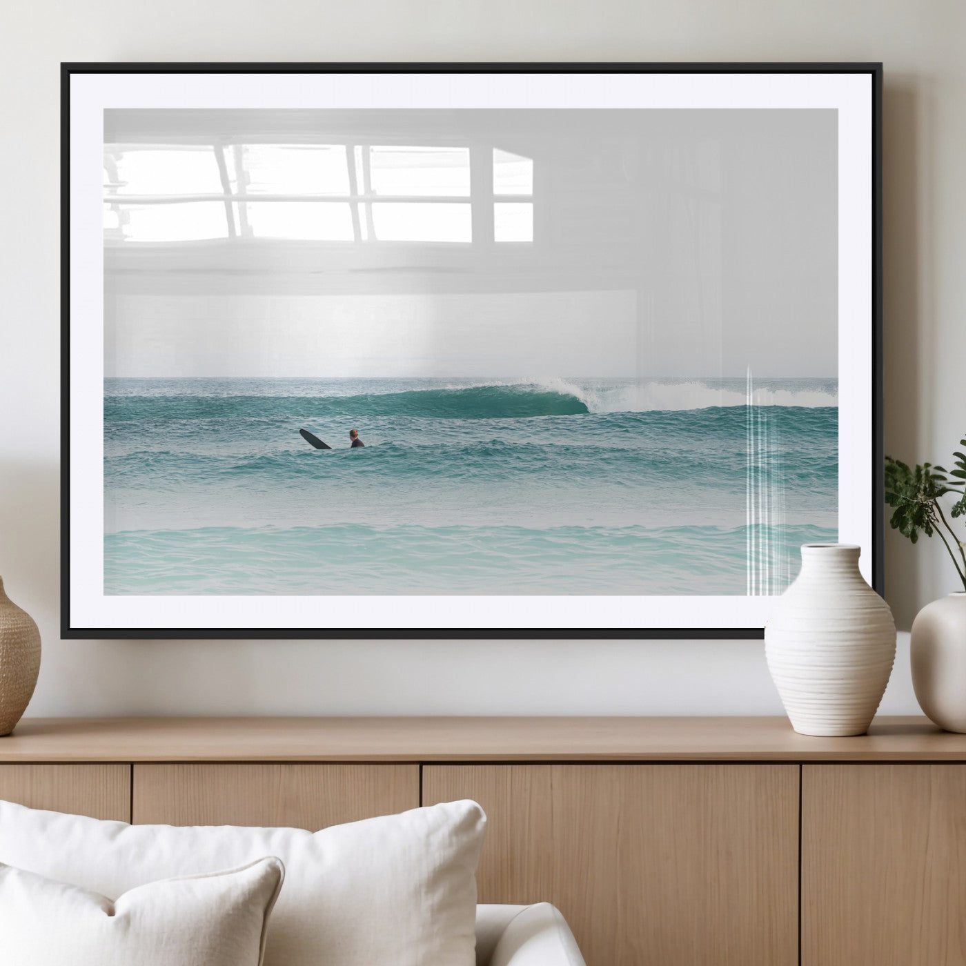 56345117-MGV-CV-36X24-Minimalist Surfing Wall Art Canvas Print, Framed Ocean Waves Art Picture Print, Soft Ocean Perfect Minimalist Coastal Decor