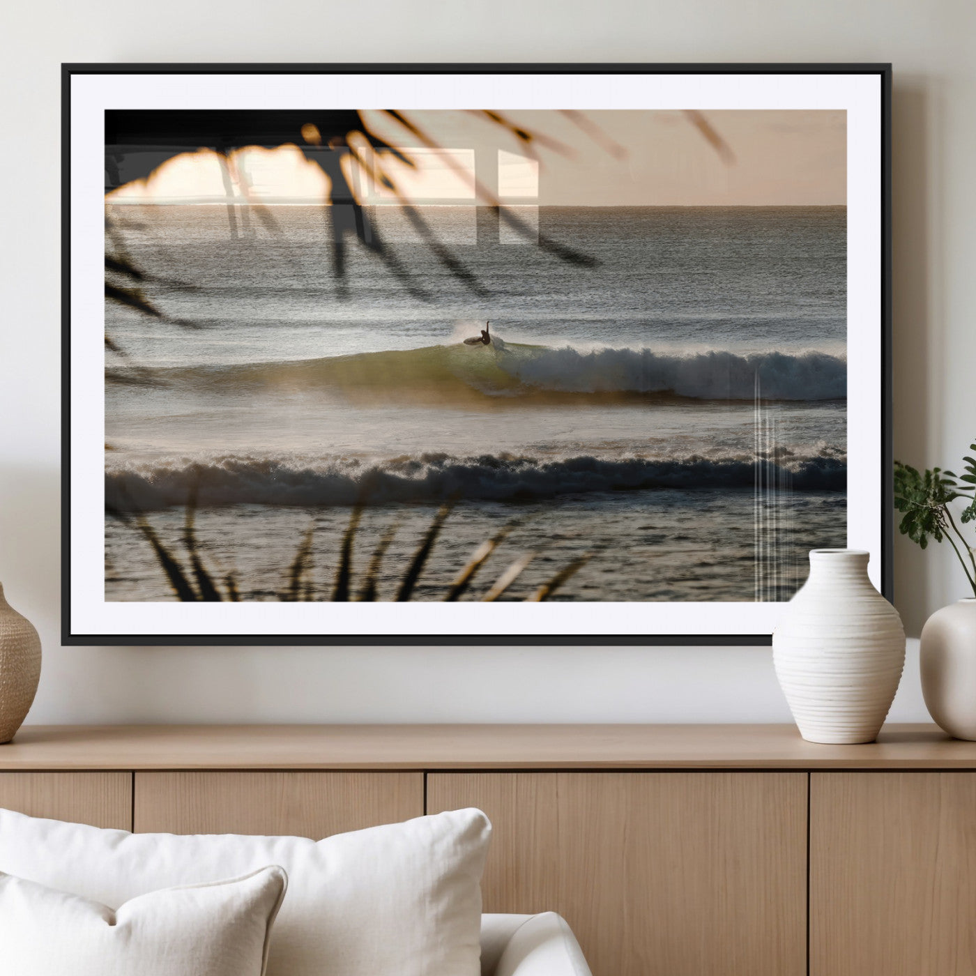 24896468-MGV-CV-36X24-Sunset Surf Wall Art Canvas Print, Framed Golden Waves Art Picture Print, Tropical Ocean Perfect Tropical Boho Decor Artwork