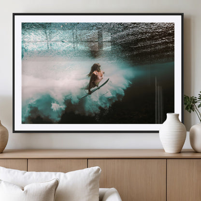 85923512-MGC-FP-36x24_Black-Aquatic Motion Wall Art Canvas Print, Framed Underwater Swimming Art Picture Print, Female Surfer Diving Perfect Coastal Boho