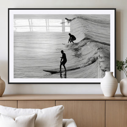 19875284-MGV-CV-36X24-Surfer Waves Wall Art Canvas Print, Framed Black White Surf Art Picture Print, Monochrome Ocean Perfect Modern Coastal Decor