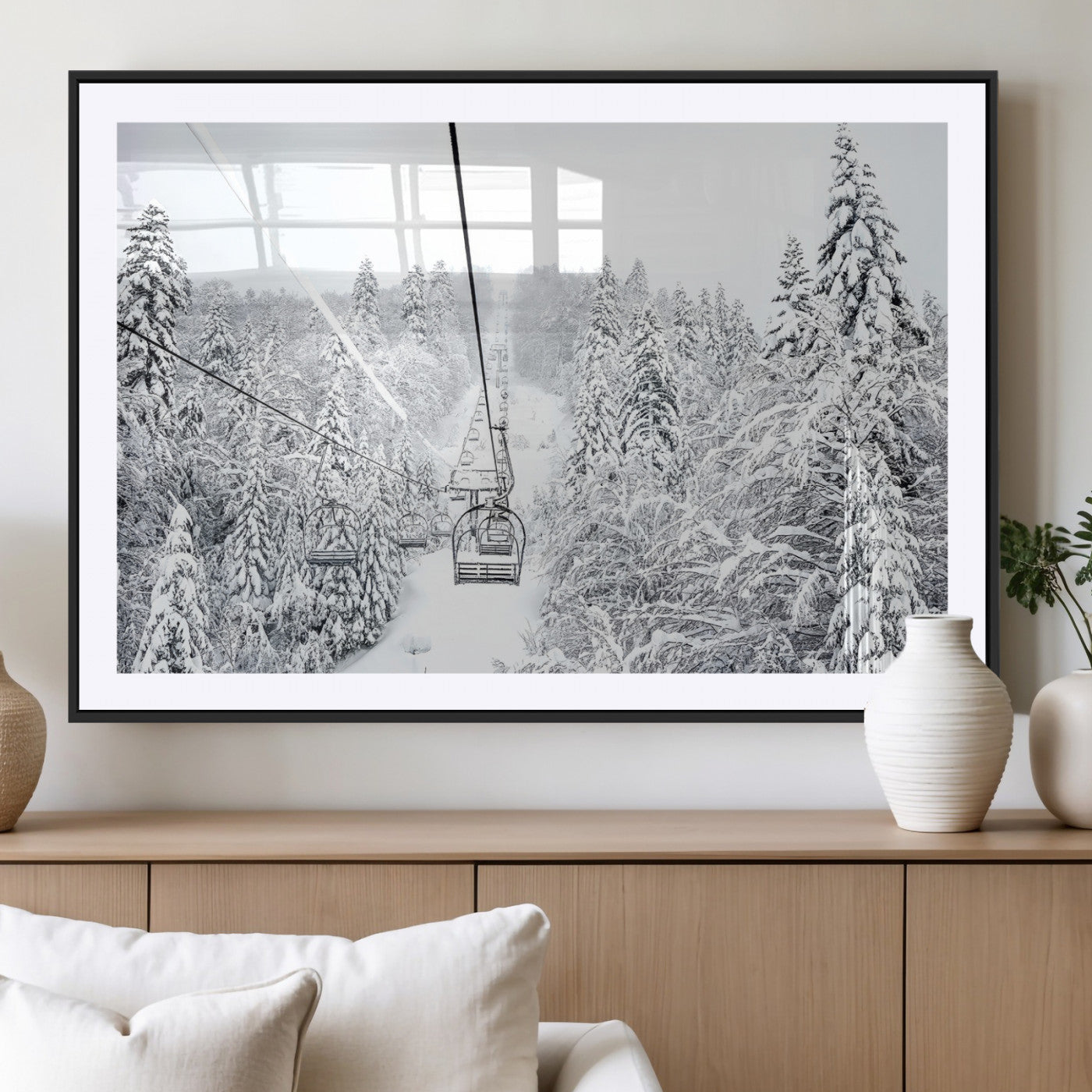 44705668-MGV-CV-36X24-Winter Forest Wall Art Canvas Print, Framed Snowy Forest Art Picture Print, Ski Lift Perfect Scandinavian Decor Artwork