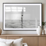 98446901-MGC-FP-36x24_Black-Monochrome Surf Wall Art Canvas Print, Framed Minimalist Surfer Art Picture Print, Surfboard Silhouette Perfect Coastal Minimalist