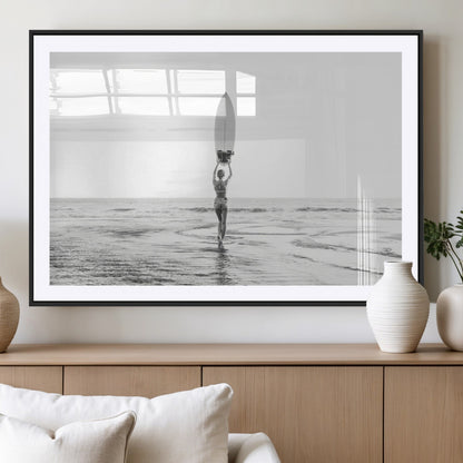 98446901-MGC-FP-36x24_Black-Monochrome Surf Wall Art Canvas Print, Framed Minimalist Surfer Art Picture Print, Surfboard Silhouette Perfect Coastal Minimalist