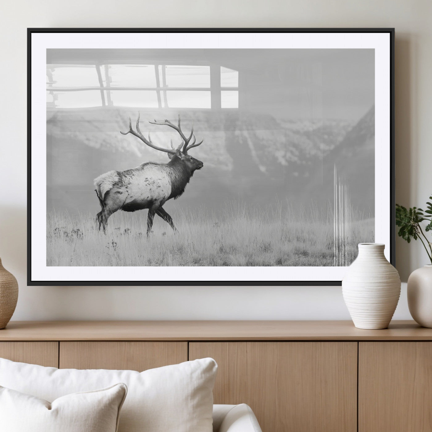 62278753-MGC-FP-36x24_Black-Monochrome Elk Wall Art Canvas Print, Framed Mountain Wildlife Art Picture Print, Rustic Nature Perfect Rustic Minimalist Decor