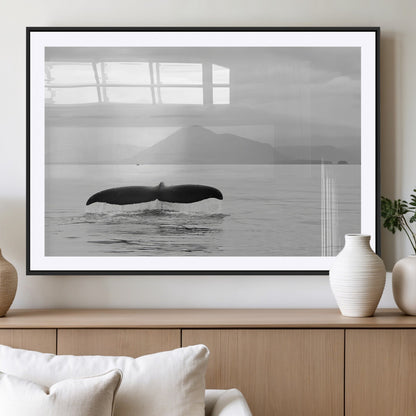 30524220-MGV-CV-36X24-Whale Tail Wall Art Canvas Print, Framed Black White Ocean Art Picture Print, Calm Marine Perfect Minimalist Coastal Decor Artwork