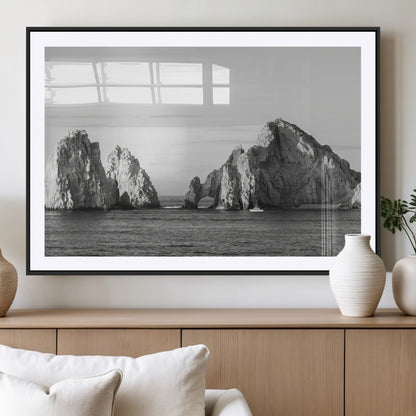 18810731-MGV-CV-36X24-Rugged Coastline Wall Art Canvas Print, Framed Ocean Cliffs Art Picture Print, Monochrome Seascape Perfect Coastal Minimalist