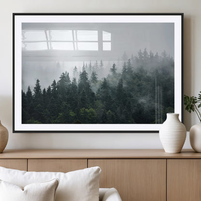 84146572-MGC-FP-36x24_Black-Foggy Pine Trees Wall Art Canvas Print, Framed Forest Nature Art Picture Print, Evergreen Forest Perfect Scandinavian Minimalist