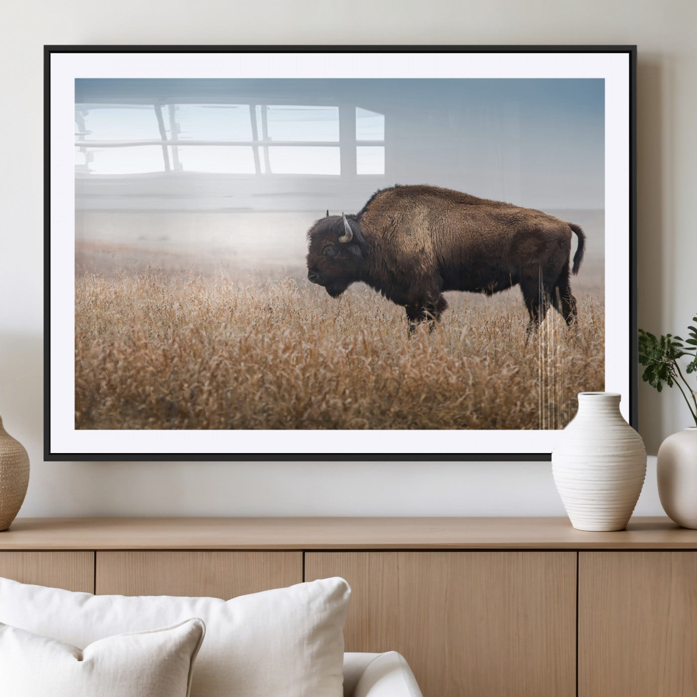 99620201-MGV-CV-36X24-Wild Bison Wall Art Canvas Print, Framed Bison in Prairie Art Picture Print, Rustic Western Perfect Rustic Western Decor Artwork
