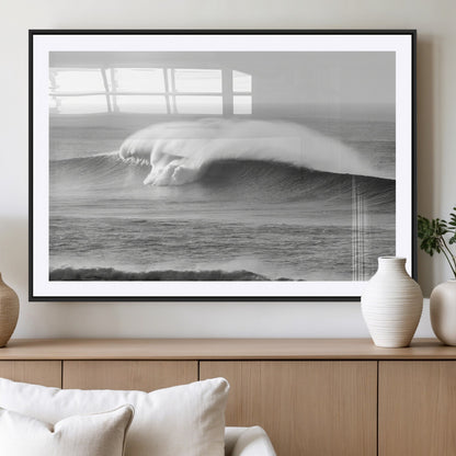 42544082-MGC-FP-36x24_Black-Monochrome Seascape Wall Art Canvas Print, Framed Surf Wave Art Picture Print, Minimalist Ocean Perfect Moody Coastal Decor