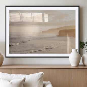 57669769-MGV-CV-36X24-Misty Coastal Wall Art Canvas Print, Framed Golden Sunset Art Picture Print, Serene Shoreline Perfect Tranquil Coastal Decor