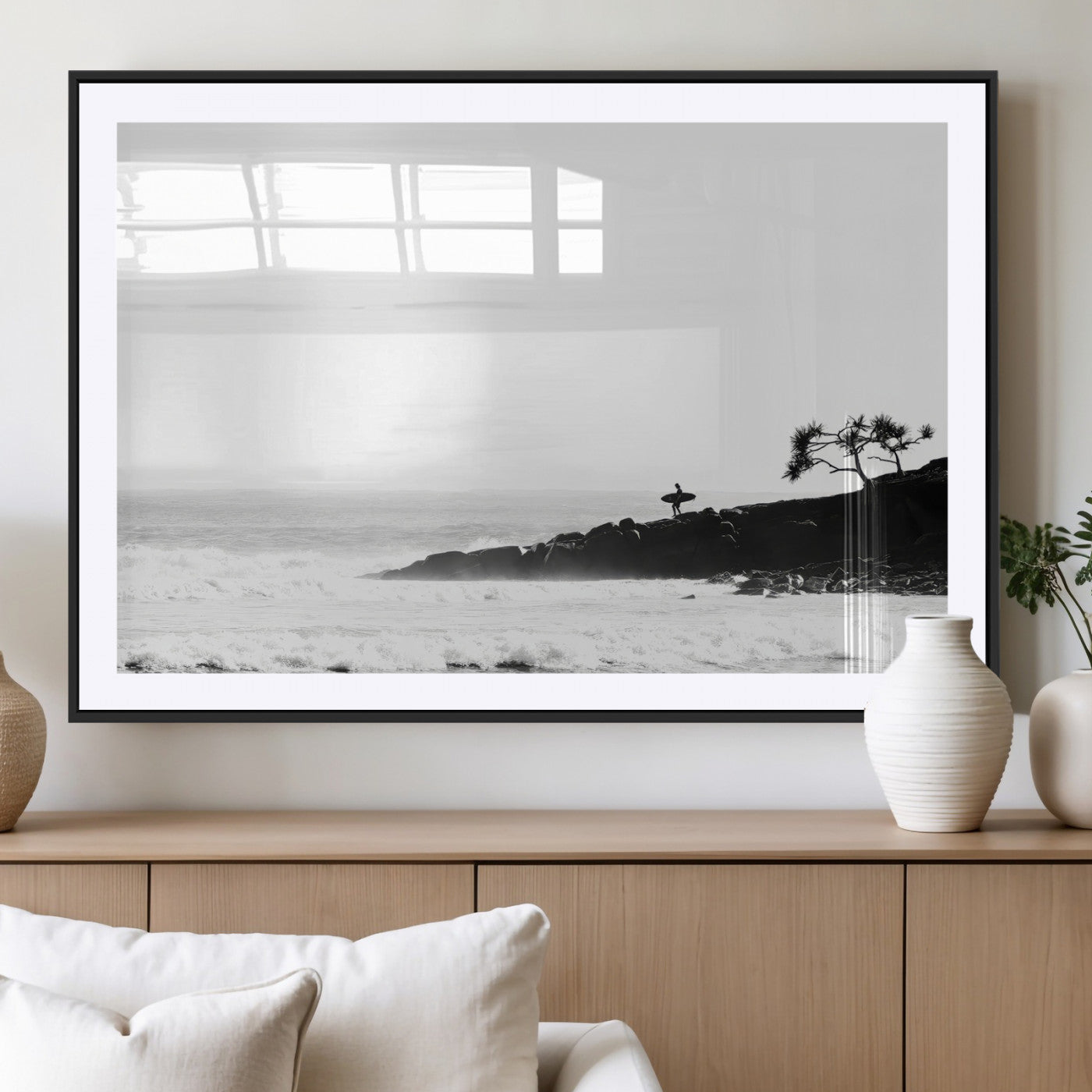 40875891-MGV-CV-36X24-SurferCliffs Wall Art Canvas Print, Framed Black White Beach Art Picture Print, Ocean Waves Perfect Minimalist Coastal Decor