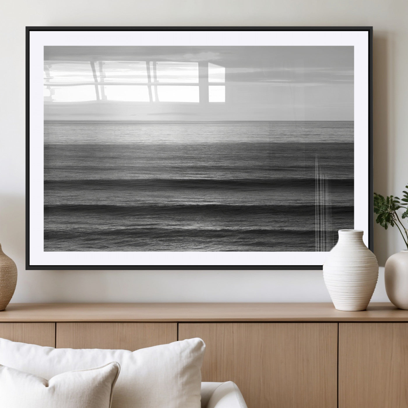 47305203-MGC-FP-36x24_Black-Monochrome Ocean Wall Art Canvas Print, Framed Moody Ocean Art Picture Print, Calm Ocean Perfect Minimalist Coastal Decor Artwork