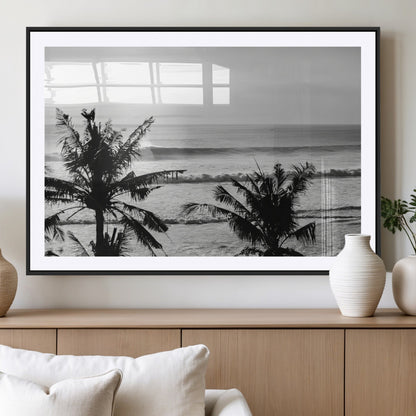 17508038-MGV-CV-36X24-Tropical Coastline Wall Art Canvas Print, Framed Palm Trees Art Picture Print, Ocean Waves Perfect Minimalist Coastal Decor