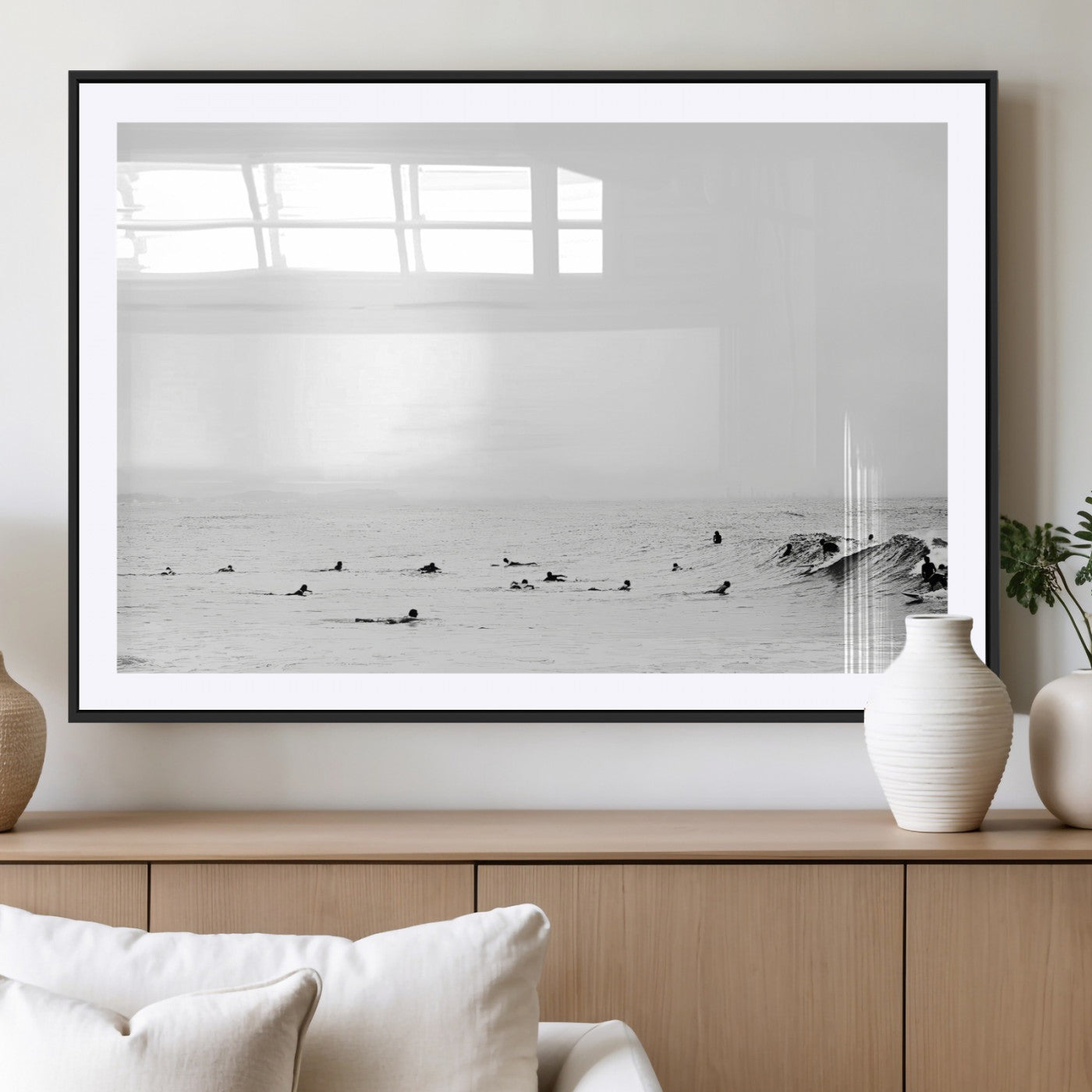38441169-MGV-CV-36X24-Monochrome Swimming Wall Art Canvas Print, Framed Ocean Horizon Art Picture Print, Moody Coastal Perfect Minimalist Coastal Decor