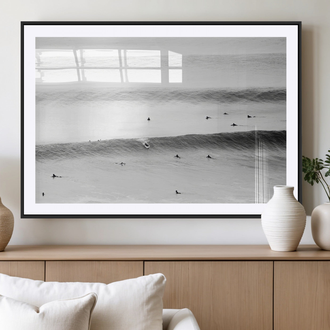 54291445-MGC-FP-36x24_Black-Black White Ocean Wall Art Canvas Print, Framed Coastal Sport Art Picture Print, Ocean Culture Perfect Minimalist Coastal Decor