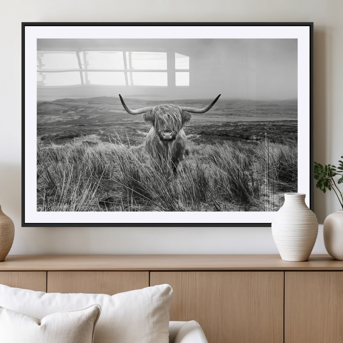 24051061-MGV-CV-36X24-Monochrome Highland Cow Wall Art Canvas Print, Framed Scottish Bull Art Picture Print, Lone Cattle Perfect Rustic Farmhouse Decor