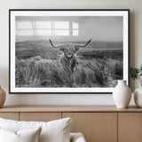 24051061-MGV-CV-36X24-Monochrome Highland Cow Wall Art Canvas Print, Framed Scottish Bull Art Picture Print, Lone Cattle Perfect Rustic Farmhouse Decor