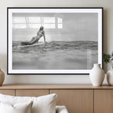 69798068-MGV-CV-36X24-Black White Surfing Wall Art Canvas Print, Framed Ocean Horizon Art Picture Print, Surfer Girl Perfect Coastal Adventure Decor
