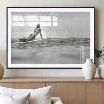 69798068-MGV-CV-36X24-Black White Surfing Wall Art Canvas Print, Framed Ocean Horizon Art Picture Print, Surfer Girl Perfect Coastal Adventure Decor