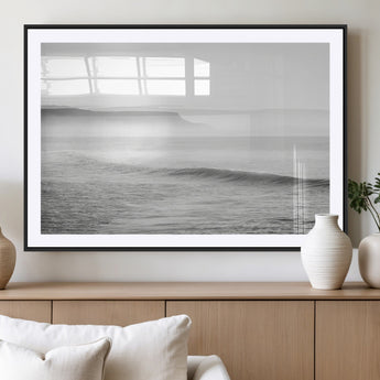 60635783-MGC-FP-36x24_Black-Black White Seascape Wall Art Canvas Print, Framed Ocean Waves Art Picture Print, Misty Coastal Perfect Minimalist Coastal Decor