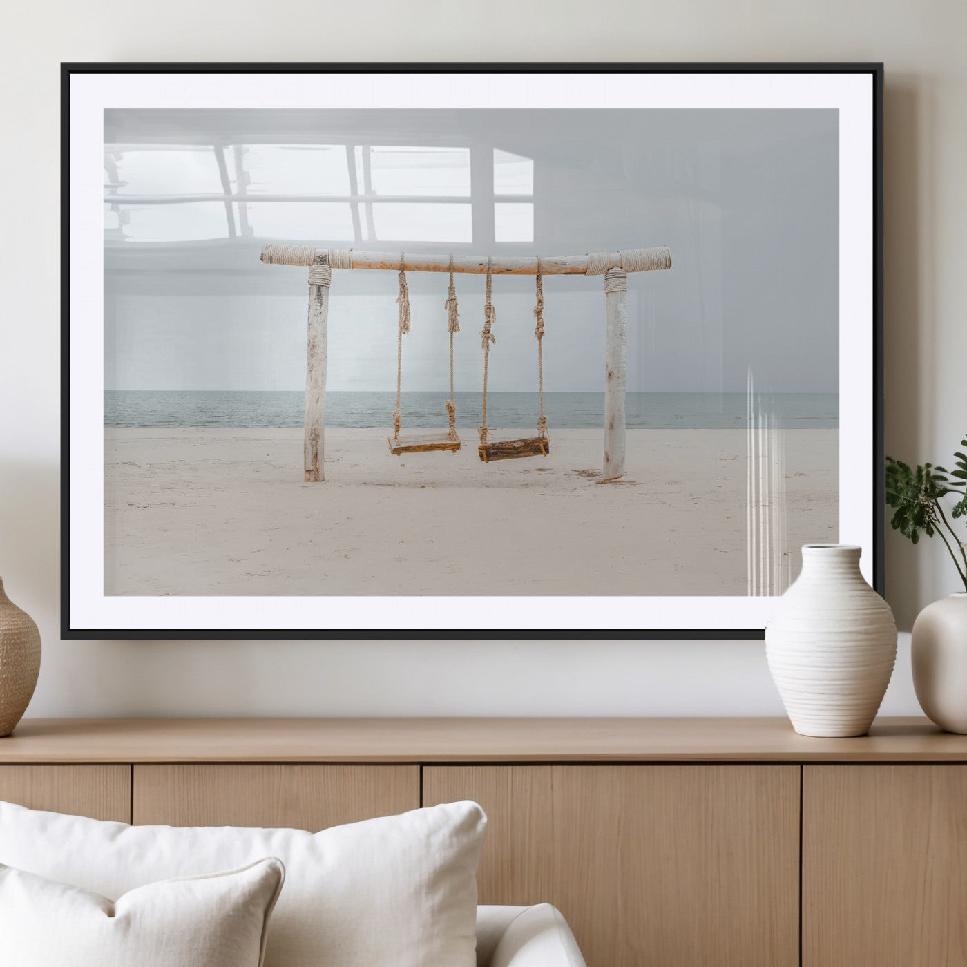 68327283-MGC-FP-36x24_Black-Beach Swing Wall Art Canvas Print, Framed Quiet Beach Art Picture Print, Calm Shoreline Perfect Bohemian Coastal Decor Artwork