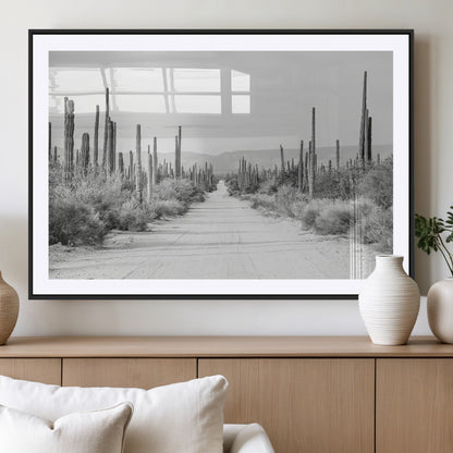 35537313-MGV-CV-36X24-Monochrome Desert Wall Art Canvas Print, Framed Cactus Path Art Picture Print, Southwestern Landscape Perfect Southwestern