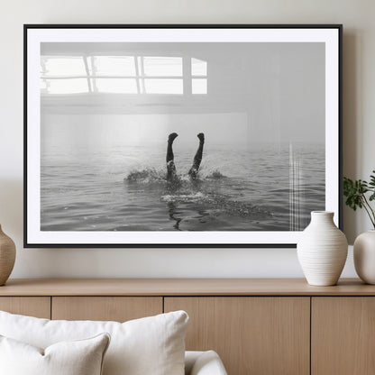26667396-MGC-FP-36x24_Black-Black White Ocean Wall Art Canvas Print, Framed Monochrome Water Art Picture Print, Diving into Water Perfect Minimalist Aquatic