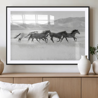 69934913-MGV-CV-36X24-Wild Horses Running Wall Art Canvas Print, Framed Black White Mustangs Art Picture Print, Rustic Western Perfect Rustic Western