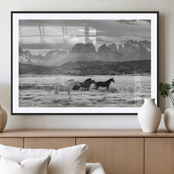 21655040-MGV-CV-36X24-Wild Horses Wall Art Canvas Print, Framed Black White Mountains Art Picture Print, Rustic Countryside Perfect Rustic Western Decor