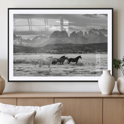 21655040-MGV-CV-36X24-Wild Horses Wall Art Canvas Print, Framed Black White Mountains Art Picture Print, Rustic Countryside Perfect Rustic Western Decor