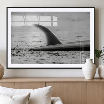 62314230-MGV-CV-36X24-Black White Surfboard Wall Art Canvas Print, Framed Minimalist Beach Art Picture Print, Surf Fin Perfect Minimalist Coastal Decor